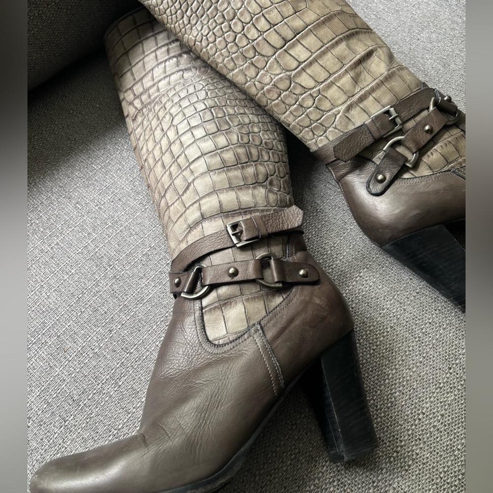 Gray Croc-Embossed Leather Buckle Boots - super chic!